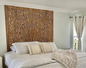 California King Size Bed Headboard, Mandala Wood Carving in Upcycled Teak, Rustic Weathered Brown Wall Mounted Wooden Panels, 72 inches