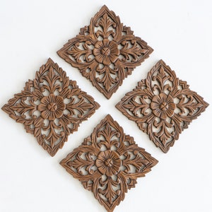 Set of 4 Carved Panels, Wall Art Hanging Wall Decoration, Housewarming Gift Idea Wood Carving, Teak Wooden Panels, Brown, 8 inches each