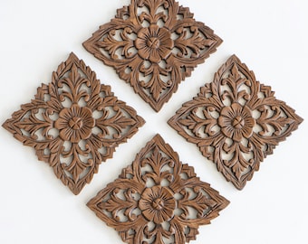 Set of 4 Carved Panels, Wall Art Hanging Wall Decoration, Housewarming Gift Idea Wood Carving, Teak Wooden Panels, Brown, 8 inches each