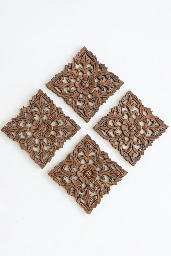 Set of 4 Carved Panels Wall Art Hanging Wall Decoration Etsy