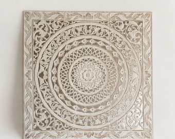 Morocco Design Teak Wood Carving, Boho White Carve Reclaim Plaques, Thai Wall Panelling Art Hanging, Antique Whitewash Color, 36 inches