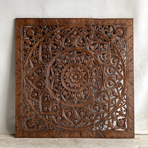 Set of 3 Wood Carved Panels, Headboard for Single Bed Frame, Wall Hanging Dark Brown Furniture, Mounted Sculpture Hand Carved Teak, 36 inch