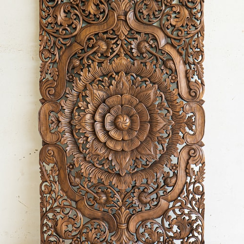 Round Mandala Carved Wood Wall Art Lotus Flower Teak Panel Etsy