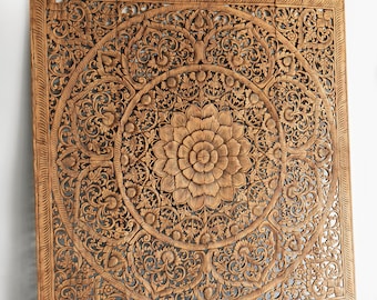 Mandala Carve King Asia Headboard, Handcrafted Reclaimed Solid Teak Panels, Wall Art Decorative Plaque, Rustic Bedroom Furniture, 76 inches