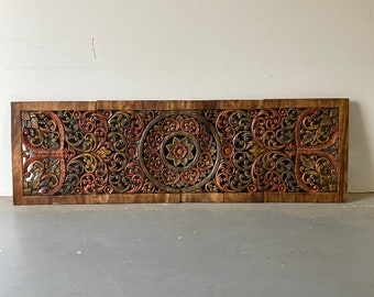 Clearance! King Size California Headboard, Tropical Acacia Solid Hardwood, Hand Carved Blooming Thai Mandala Carving, Colorful, 73x22 in