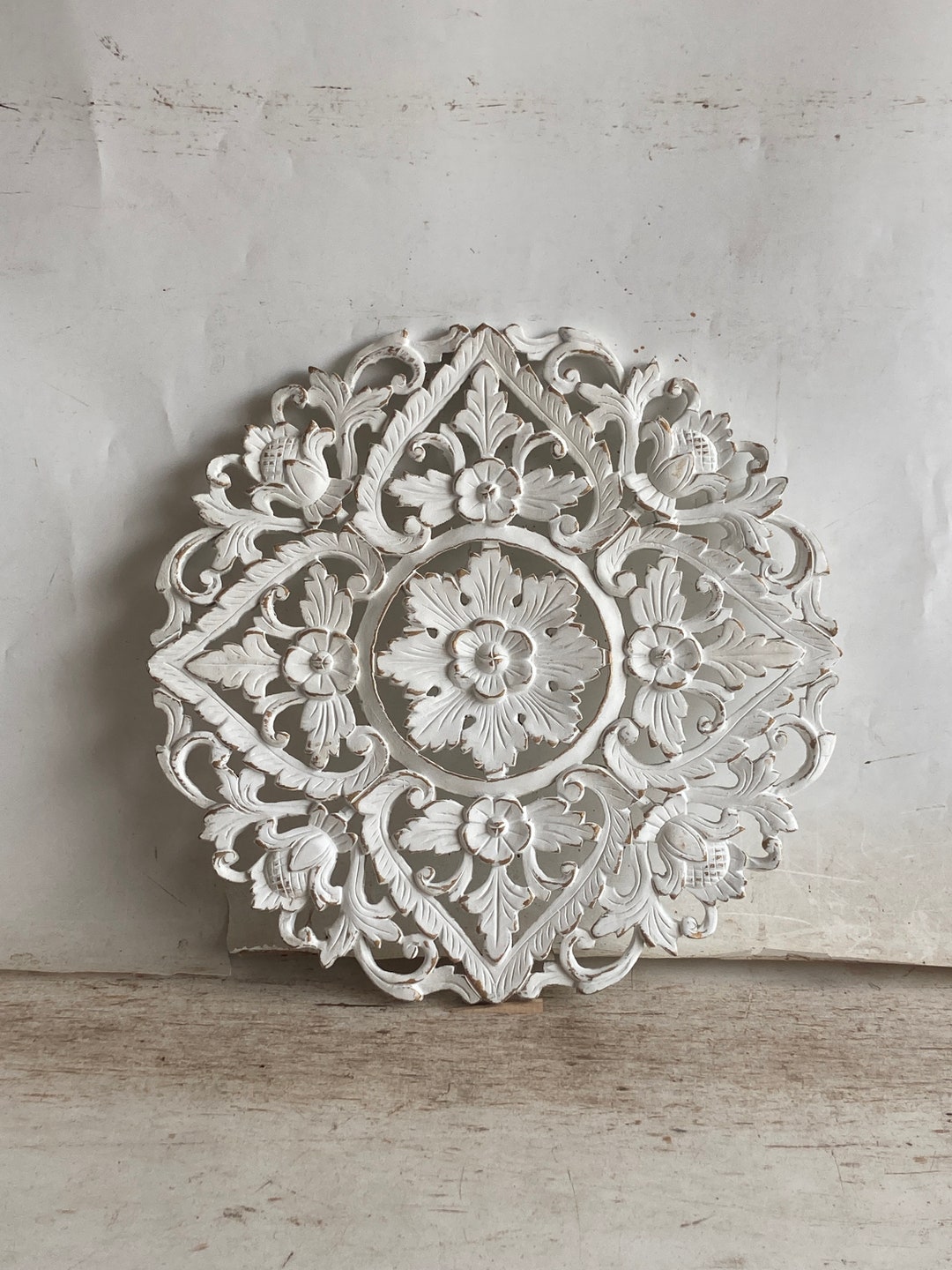 Circle Wall Art Hanging Panel, Golden Whitewash Painted Wood Carving