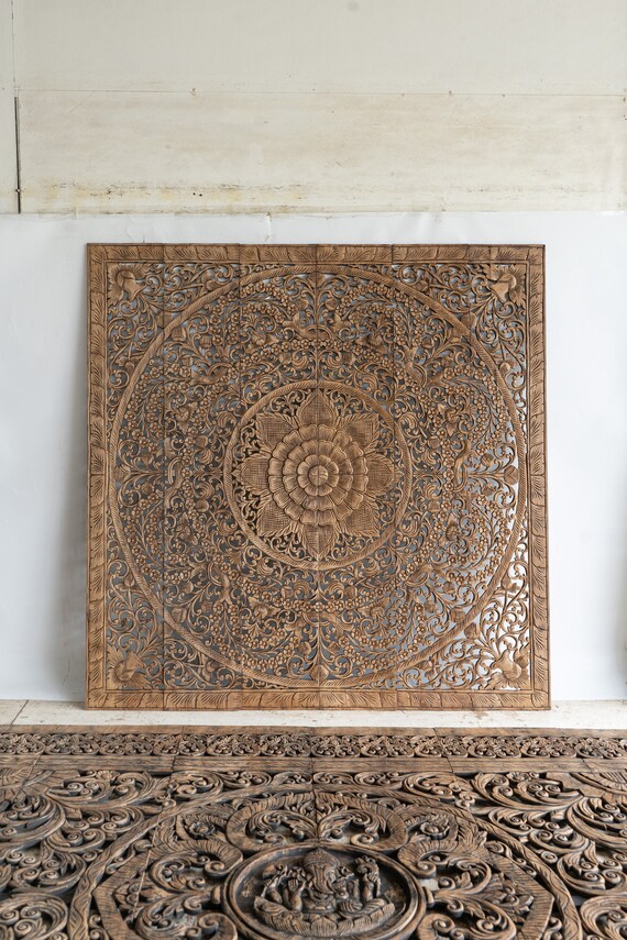 Hand Carve Wood Medallion Headboard Wall Art Hanging Bed Head Board Up cycled Teak Wooden Panels Rustic Brown Finish Color 72 inches