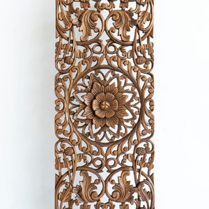 Wooden Carve Panel Wall Art, Hanging Wood Carving Upcycled Teak Plaque, Floral Handcrafted Farmhouse Decoration, Brown Finish, 14x36 inches