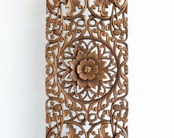 Wooden Carve Panel Wall Art, Hanging Wood Carving Upcycled Teak Plaque, Floral Handcrafted Farmhouse Decoration, Brown Finish, 14x36 inches