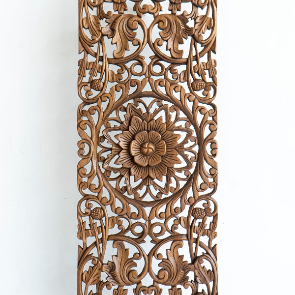 Wooden Carve Panel Wall Art, Hanging Wood Carving Upcycled Teak Plaque, Floral Handcrafted Farmhouse Decoration, Brown Finish, 14x36 inches