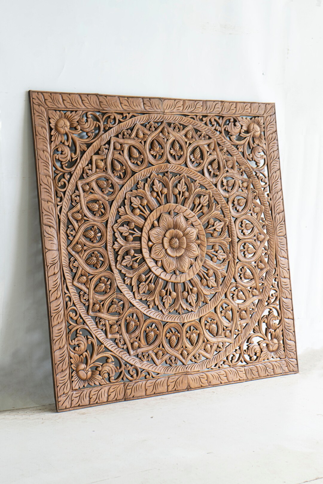 Hand Carved Teak Wood Panels, Twin Size Bed Headboard, Brown Stain