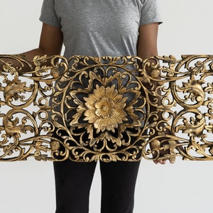 Wall Art Hanging Gilded Gold, Reclaimed Solid Teak Wood Panel, Hanging Carved Mandala Design, Luxury Home Decorative Plaque, 36x14 inches