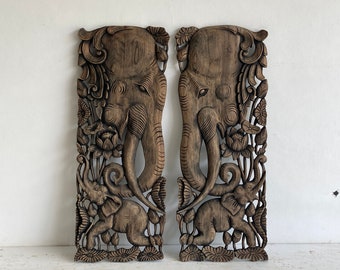 Pair of Elephant Wall Mounted Wood Carving, Handmade in Extra Thick Teak, Thai Chang Figurines Hand Painted in Rustic Black Wash, 36x14 in