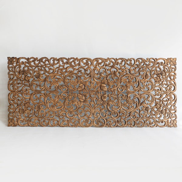 Queen Rectangular Wall Mounted Headboard, Low Profile Backbed Handcrafted in Reclaimed Teak Wood from Thailand, Weathered Brown, 60x30 inch