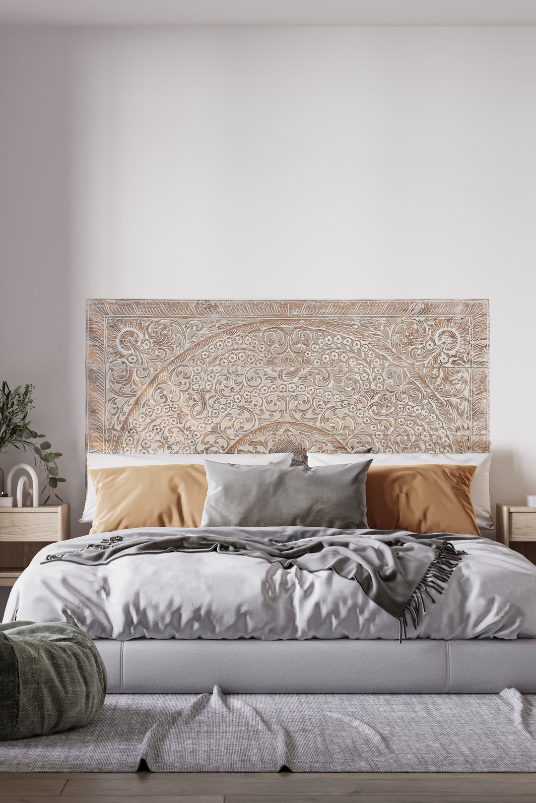 Low King Size Bed Headboard, Lotus Carved Teak Wood Panels, Asia