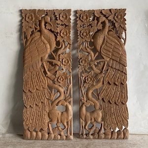 Beautiful Wood Carving Birds in Pair, Natural Reclaimed Teak Wooden Panels, Entryway Home Decoration Ideas, Gift for Her, 36x14 inches each