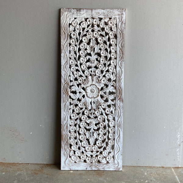 Limted Stock! Medium Size Wall Art Decorative Panel, Mounted Hand Carved Teak Wood Plaque, Weathered White Sustainable Furnishing, 36x14 in