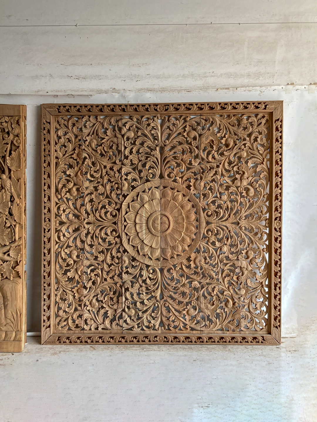 Thick Large Wall Art Hanging, Framed Teak Wood Carved Panels, Thai