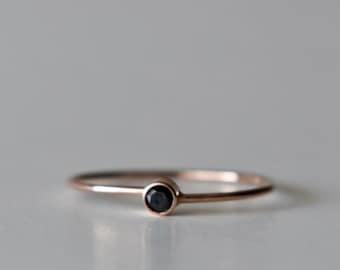 Black Diamond Ring with 14k Rose Gold Band, dainty black diamond stack band, small black diamond ring, alternative wedding band