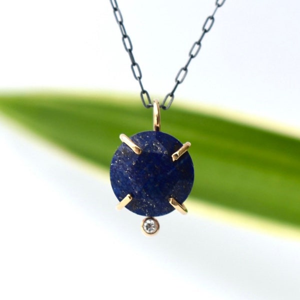 14k Yellow Gold Lapis Lazuli and Diamond Pendant, ethically sourced pendant, something blue, 2 stone pendant, 16 inch necklace, 18 inch