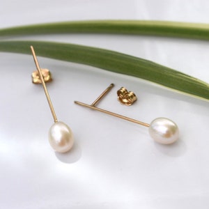 White Pearl Minimalist Earrings in 14k Gold | Gold Wedding Earrings | Long Pearl Drop Earrings | Statement Earrings Pearl Earrings