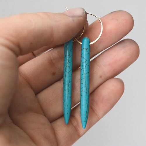 Turquoise Spike 14k Hammered Hoops In 14k Yellow Gold, statement earrings, eco friendly jewelry, dagger earrings, long shops blue earrings