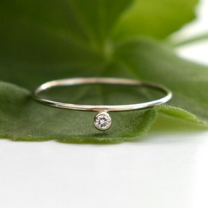 Offset Tiny Diamond Ring in 14k Gold, solid gold band with tiny diamond, perfect tiny stack ring, Diamond stacking band
