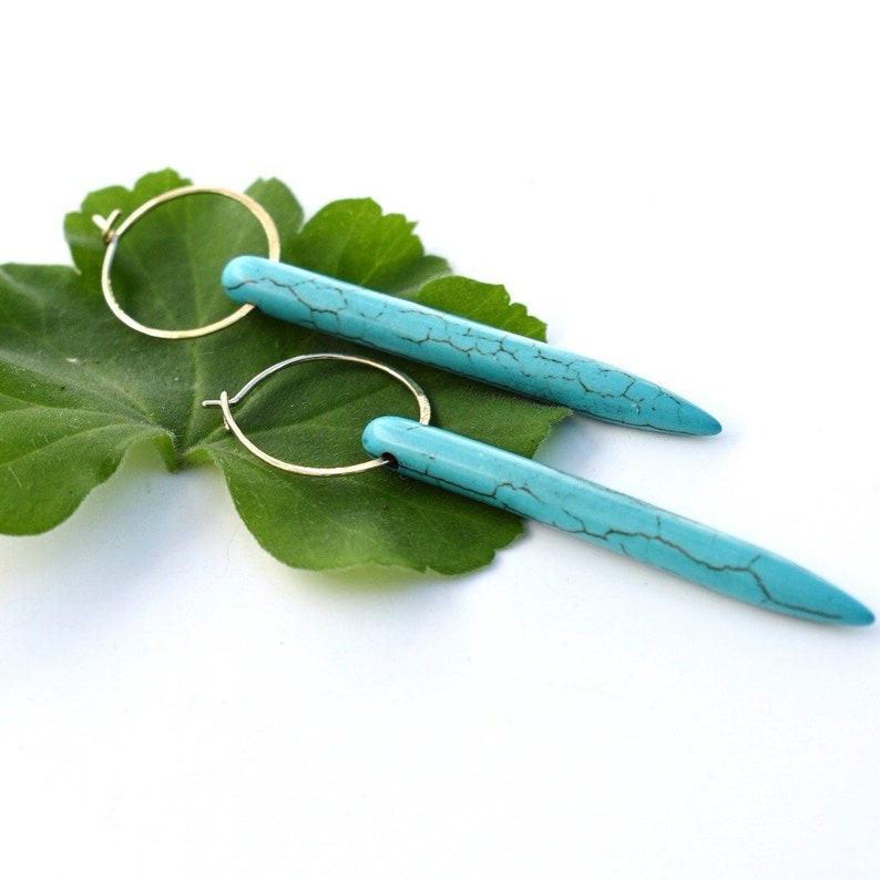 Turquoise Spike 14k Hammered Hoops In 14k Yellow Gold, statement earrings, eco friendly jewelry, dagger earrings, long shops blue earrings
