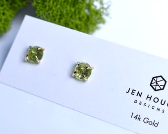 14k Solid Gold Peridot Earrings, Genuine Peridot studs, Handmade Raw Stone Earrings, lime green stone Earrings