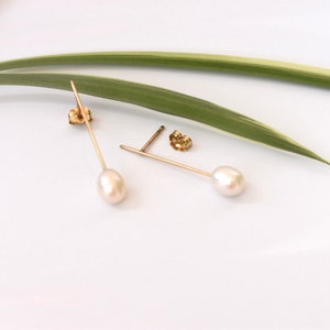White Pearl Minimalist Earrings in 14k Gold Gold Wedding Earrings Long Pearl Drop Earrings Statement Earrings Pearl Earrings image 5