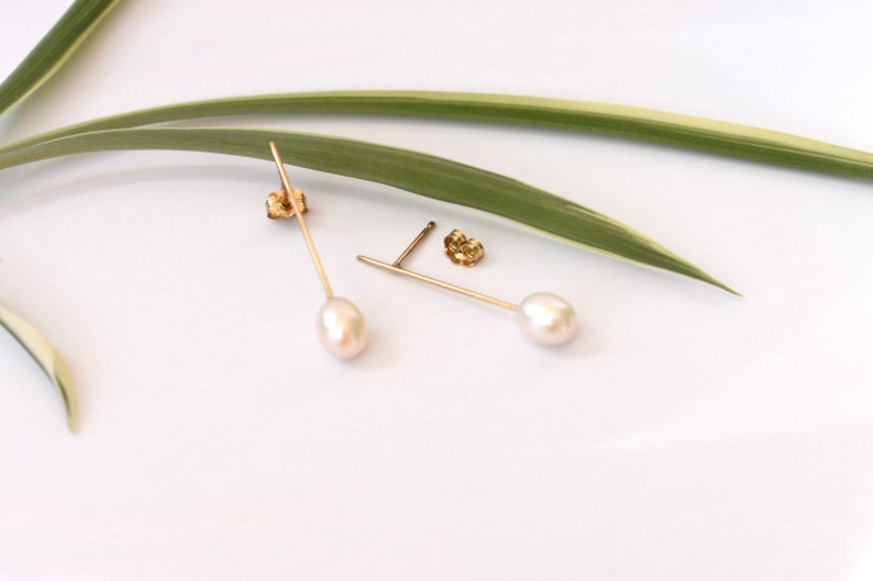 White Pearl Minimalist Earrings in 14k Gold Gold Wedding Earrings Long Pearl Drop Earrings Statement Earrings Pearl Earrings image 5