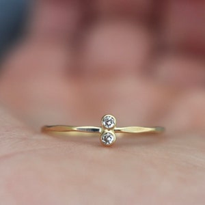 14k Yellow Gold Double Diamond Ring with hammered band, Tiny two stone Diamond Ring, Dainty Diamond Ring, Diamond stack ring