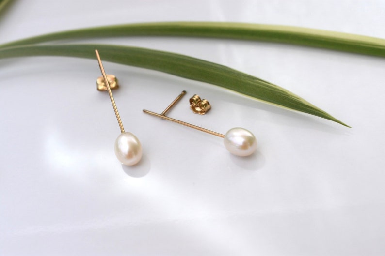 White Pearl Minimalist Earrings in 14k Gold Gold Wedding Earrings Long Pearl Drop Earrings Statement Earrings Pearl Earrings image 1