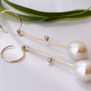 White Pearl and Diamond Minimalist Earrings in 14k Gold | Gold Wedding Earrings | Long Pearl Drop Earrings | Statement Earrings