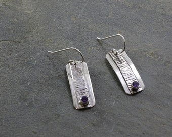 Textured rectangle earrings with 3mm faceted stone