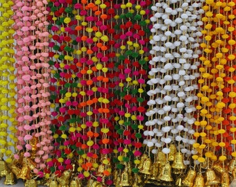 Guirnalda de cuerdas con pompones y campanas para Diwali y decoración navideña, campanas con pompones, cadena de campana para árbol de Navidad, boda, 100 unidades