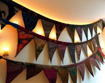 Colorful Sari Fabric Garland – Indian Boho Banner, Festival Wall Hanging, Upcycled Wedding Decor, Eco Home Accent