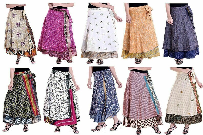 5 PC Lot Indian Vintage Silk Skirts Bohemian Women Flamenco Hippie Summer Dress