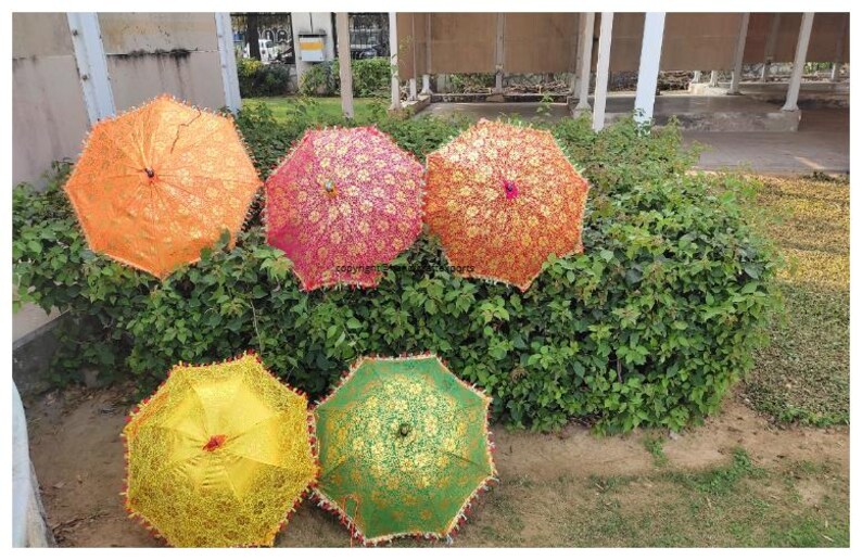 May include: Five colourful lace umbrellas with intricate patterns. The umbrellas are orange, pink, yellow, and green. They are arranged in a semi-circle on a bed of green foliage.