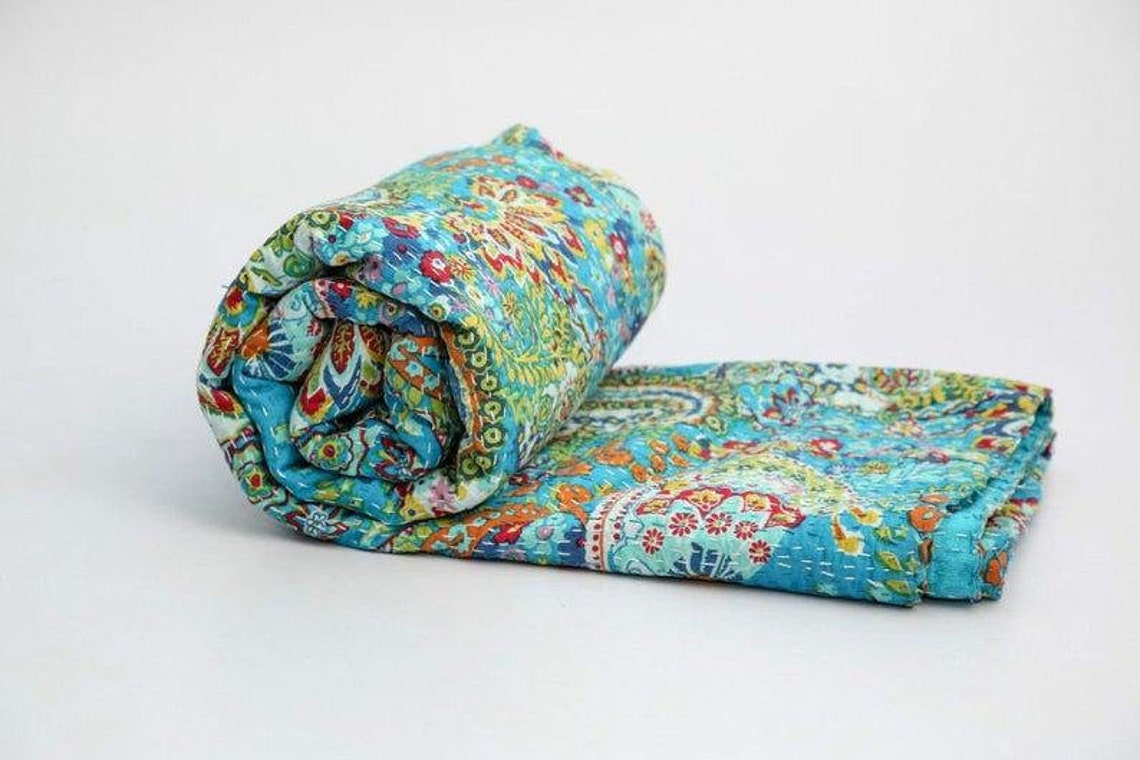 Cotton Kantha Blanket Hand Stitched Kantha Bedspread Bohemian Etsy