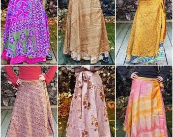 Indian Old Sari Silk Long Skirt Wrap Skirts Wholesale Lot of Maxi Skirt, Bohemian Silk Skirts, Hippie Skirts, Silk Sari Skirts