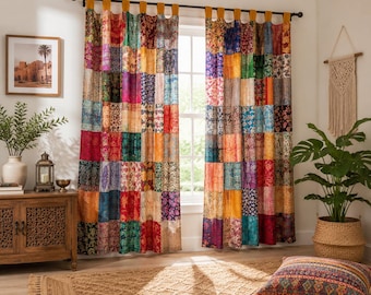 Cortinas de sari reciclado estilo boho (10 piezas), ecológicas, hechas a mano para decorar ventanas.