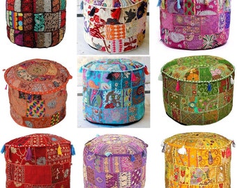 Ottoman pouf cover 18''.Old Saree patchwork Bohemian Ottoman Handmade Patchwork Round Ottoman Pouf Cover Decorative Pouf Cover  Embroidery