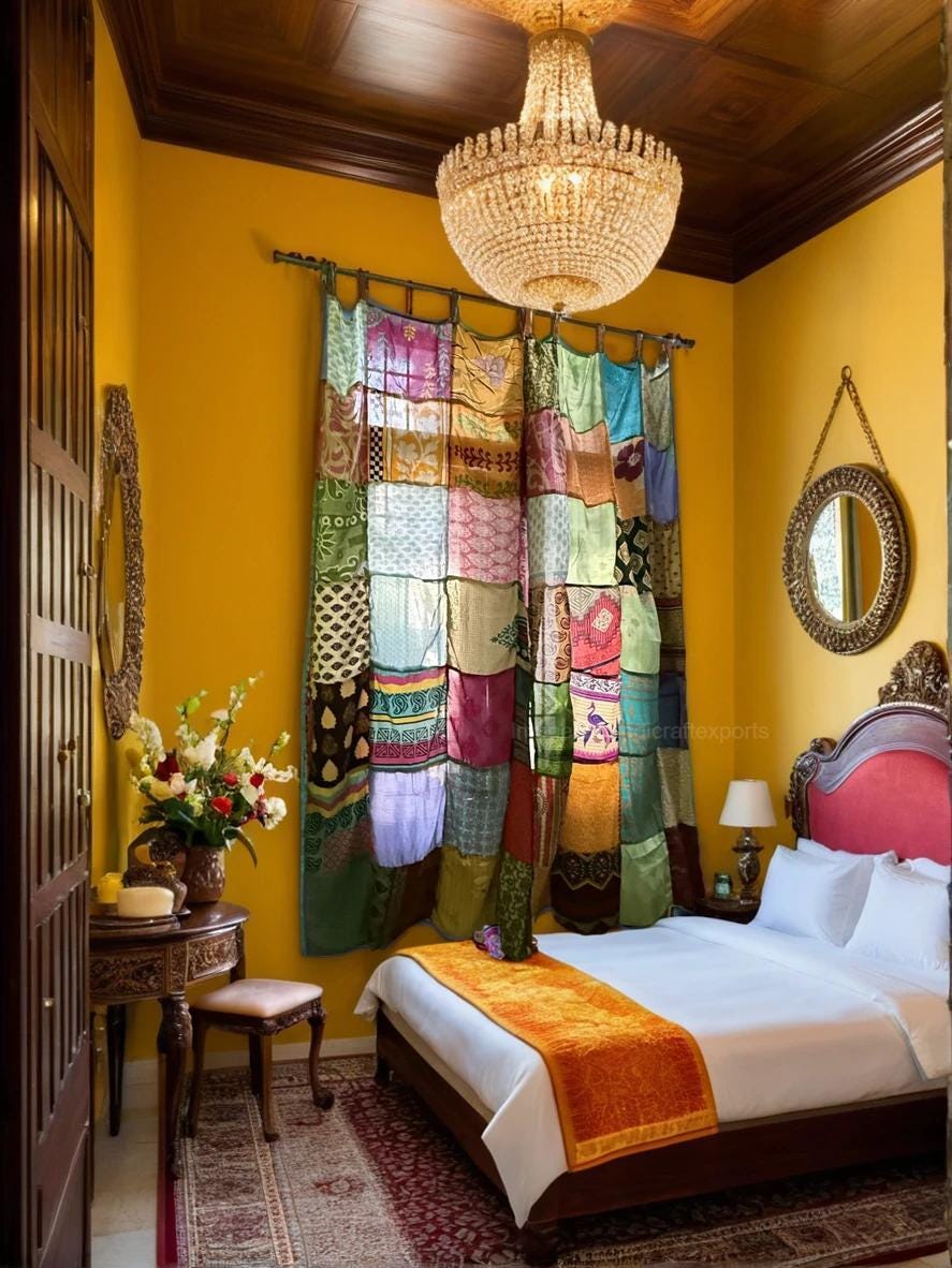Boho Recycled Sari Curtain Drape Eco-Conscious, Handmade Window Decor