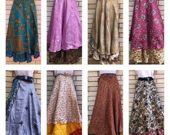 Indian Silk Long Skirt Wrap Skirts Wholesale Lot of Maxi Skirt, Bohemian Silk Skirts, Hippie Skirts, Silk Sari Skirts