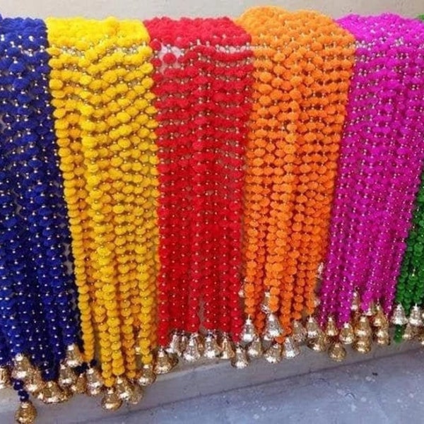 Guirnalda de cuerdas con pompones y campanas para Diwali y decoración navideña, campanas con pompones, cadena de campana para árbol de Navidad, boda, 100 unidades