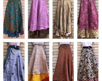 Indian Old Sari Silk Long Skirt Wrap Skirts Wholesale Lot of Maxi Skirt, Bohemian Silk Skirts, Hippie Skirts, Silk Sari Skirts