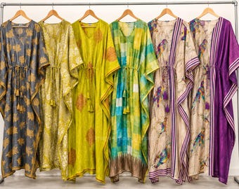 Vintage-Kunst-Sari-Kaftankleid aus recyceltem Material, langes Strandkleid mit Blumenmuster