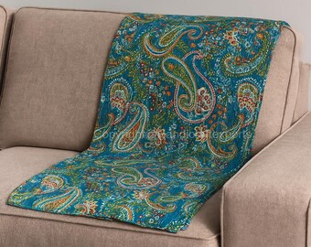 Colorful Paisley Kantha Quilt | 100% Cotton Hand-Stitched Throw | Indian Boho Decor