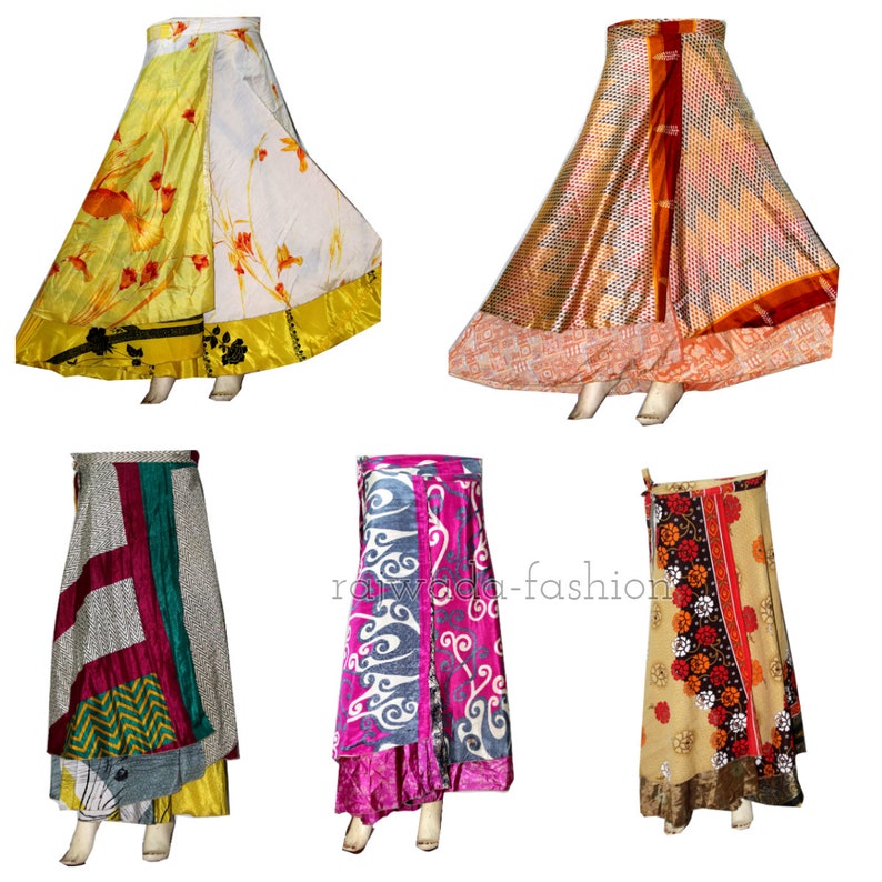 5 Pcs Lot Indian Vintage Silk Wrap Skirt Printed Women Vintage Dress 36 Inch Long Wrap Skirt Indian Silk Saree Bohemian Magic Women Dress